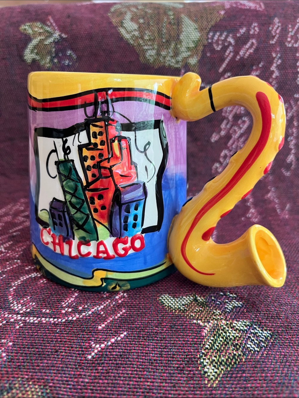 Chicago Souvenir Mug with Saxophone Handle - Bright Yellow & Purple